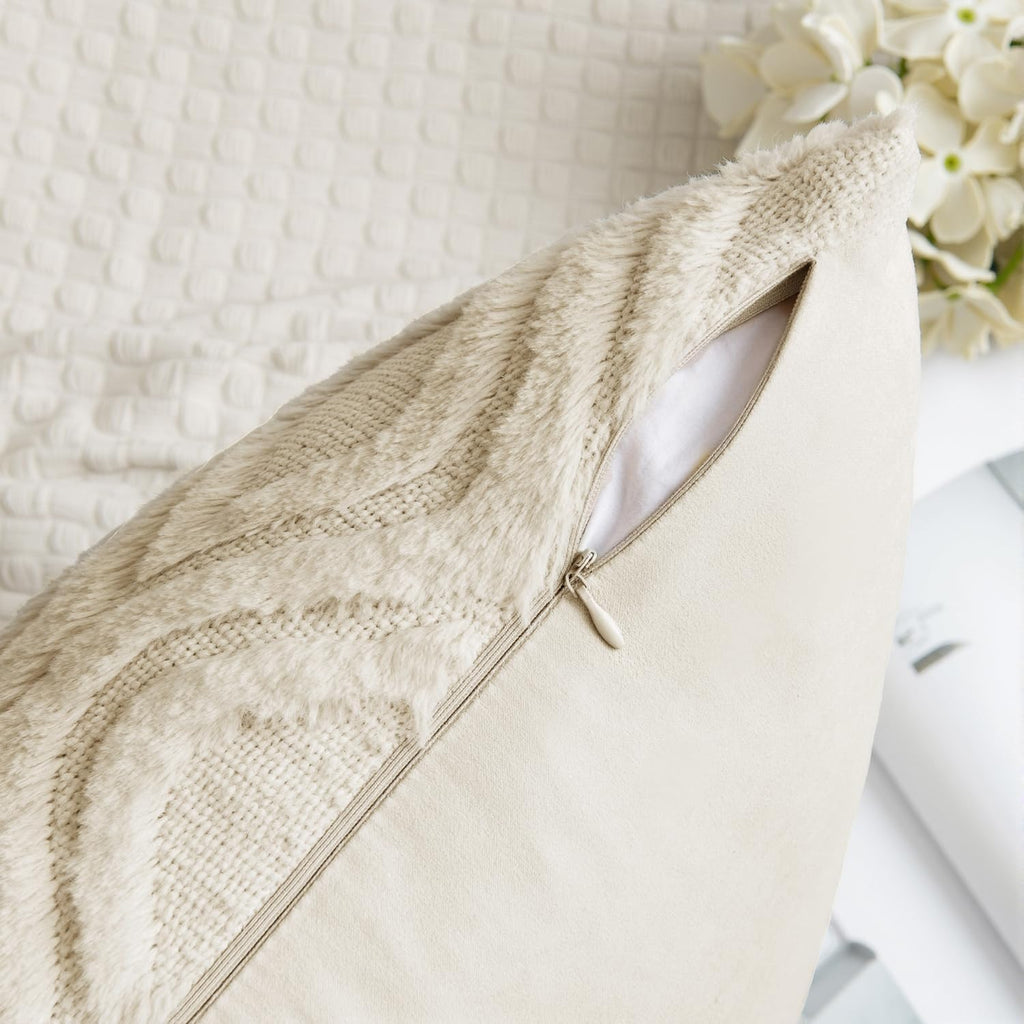 Beige Throw Pillow Covers 18x18 Inch, Neutral Soft Plush Faux Wool Solid Couch Pillows Set of 2, Decorative Farmhouse
