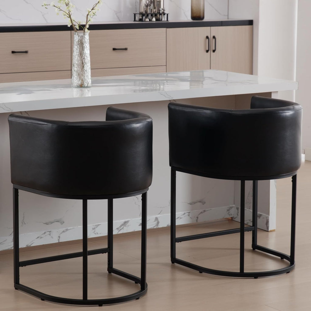 PU Leather Bar Stools Set of 2, Modern Upholstered Counter Height Bar stools 24" Leather Barstools Barrel