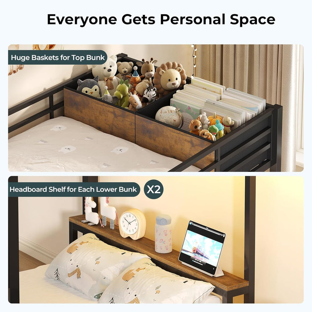 Triple Bunk Bed with Storage Staircase, RGB Lights & Charging Station, Twin Over Twin