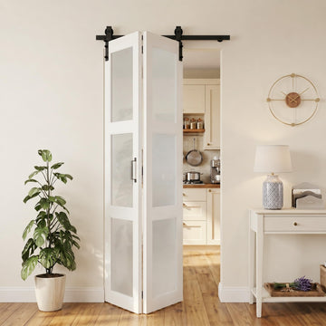36" x 84" Bifold Barn Door, 3-Lite Frosted Glass Panels