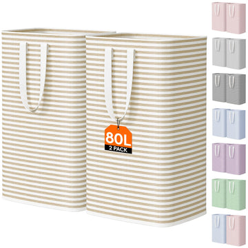80L Large Laundry Baskets, Laundry Hampers Bags, 2 Pack, Beige