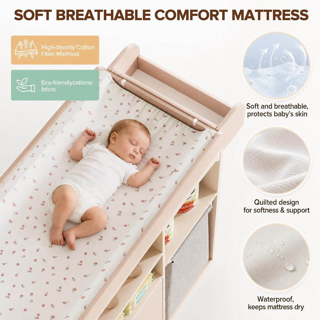 Baby Changing Table, Solid Wood, Drawers & Storage, Rolling, Waterproof Pad | Solid wood frame for durability
