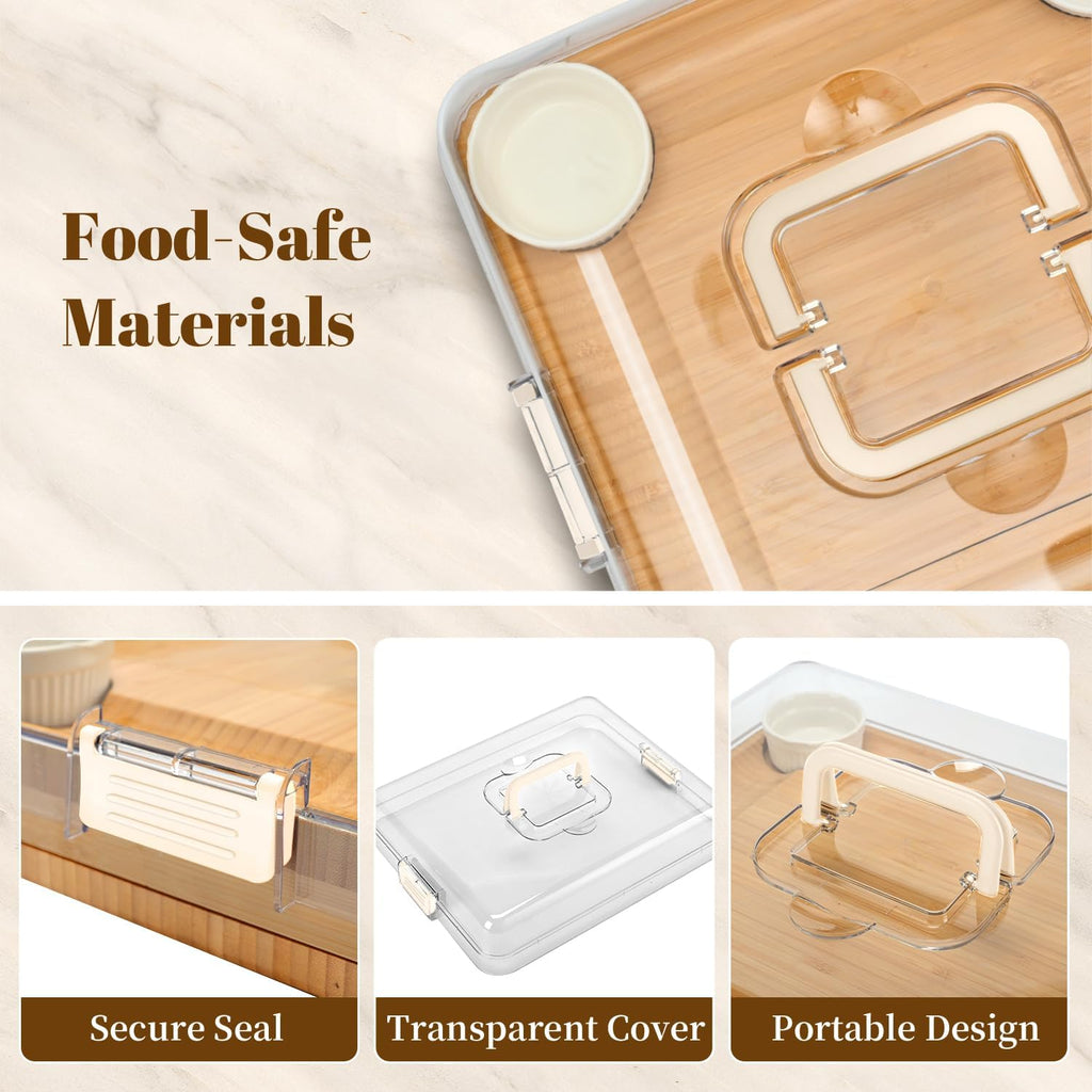 Large Bamboo Charcuterie Board Set with Lid, Drawers, Cream | Includes serving utensils and a fruit tray for easy