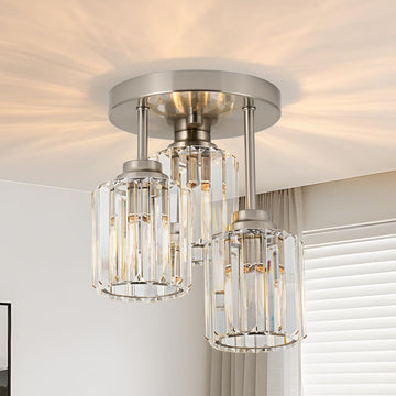 Brushed Nickel Semi Flush Mount Ceiling Light, 3-Light Modern Crystal Chandelier with Clear K9 Crystal Shades