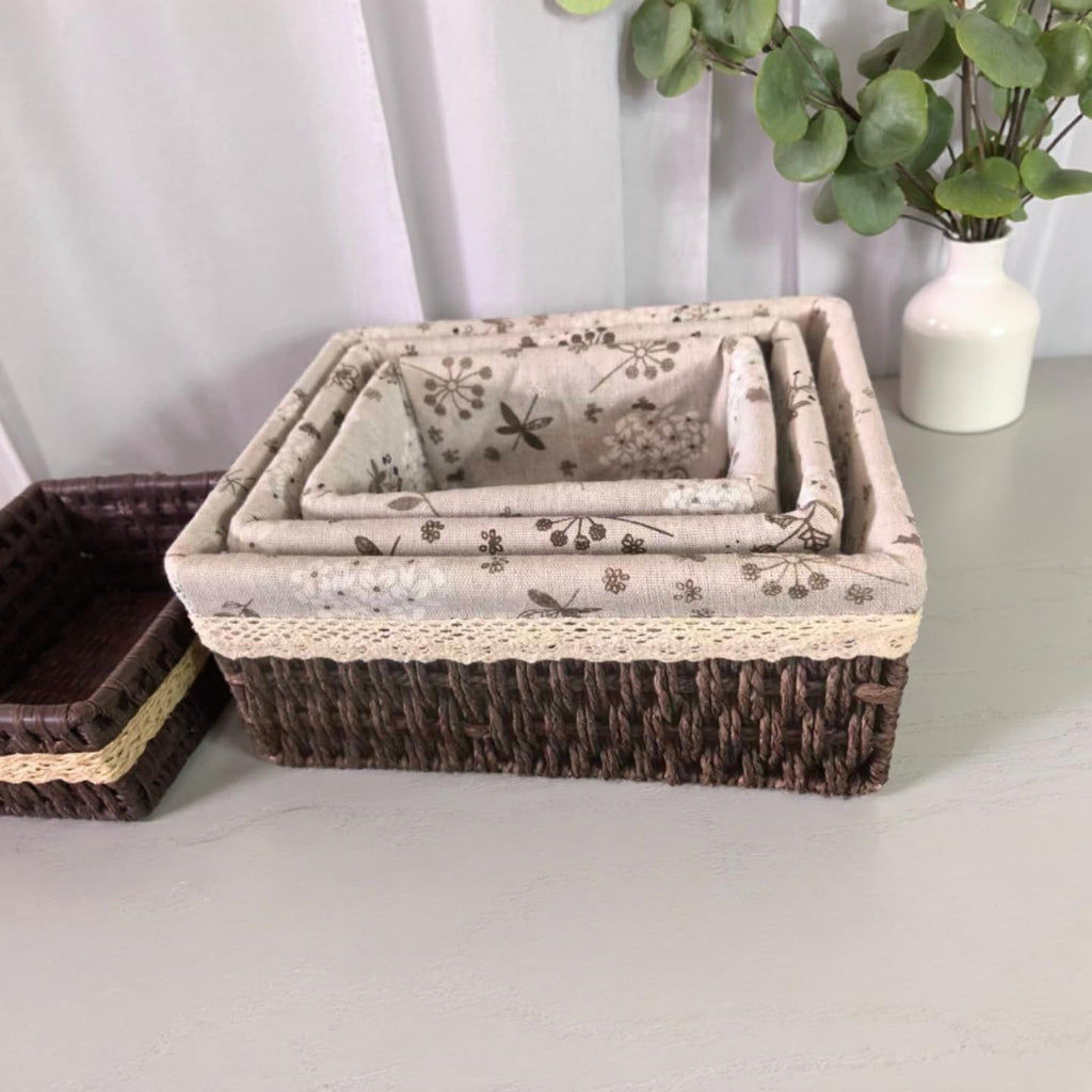 Wicker Woven Baskets With Liner, 3Packs Small Square Decorative Shelf Basket Storage And Organizing (coffee)