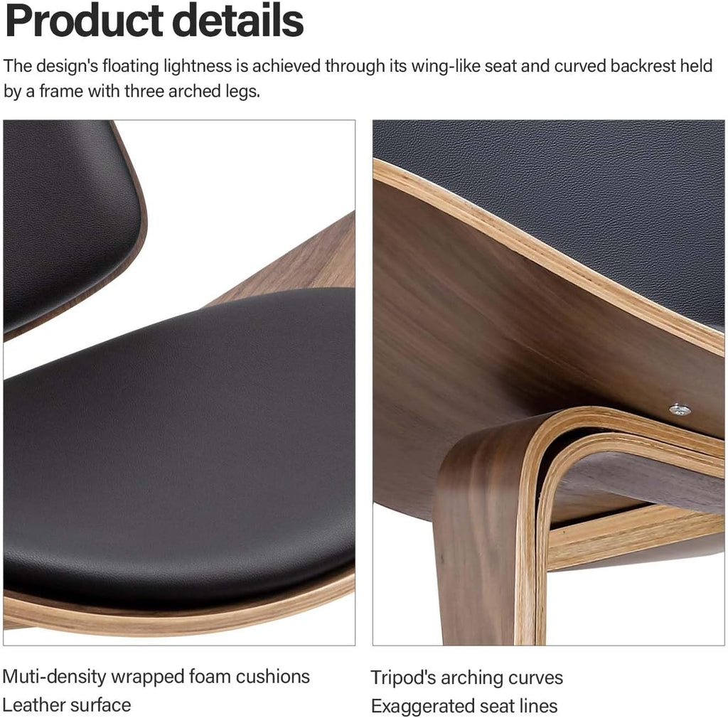 Mid Century Modern Shell Lounge Chair, PU Leather, Tripod Plywood Classic Design Solid Wood Accent Chairs , Reading