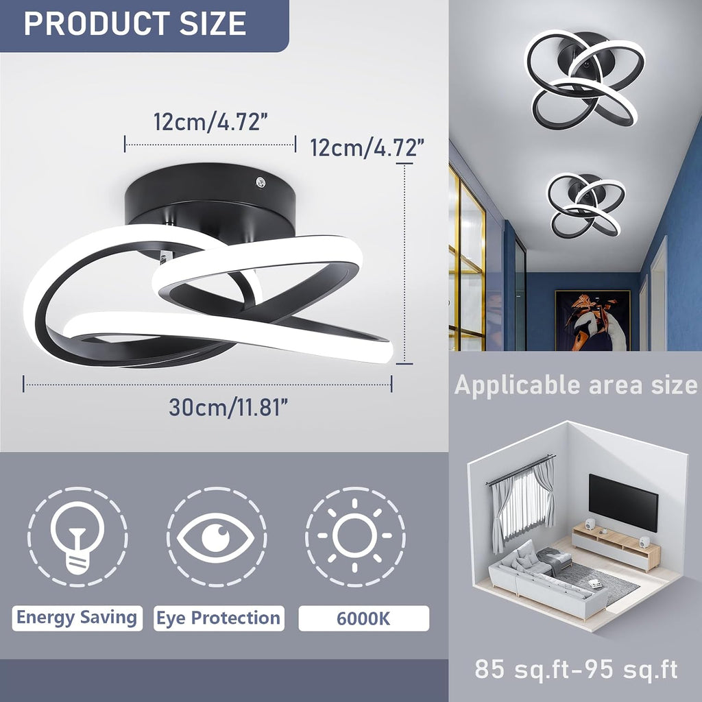 Modern Led Ceiling Light Fixture, 6000K Small Hallway Ceiling Light, Black Close to Ceiling Lights Bedroom Bathroom