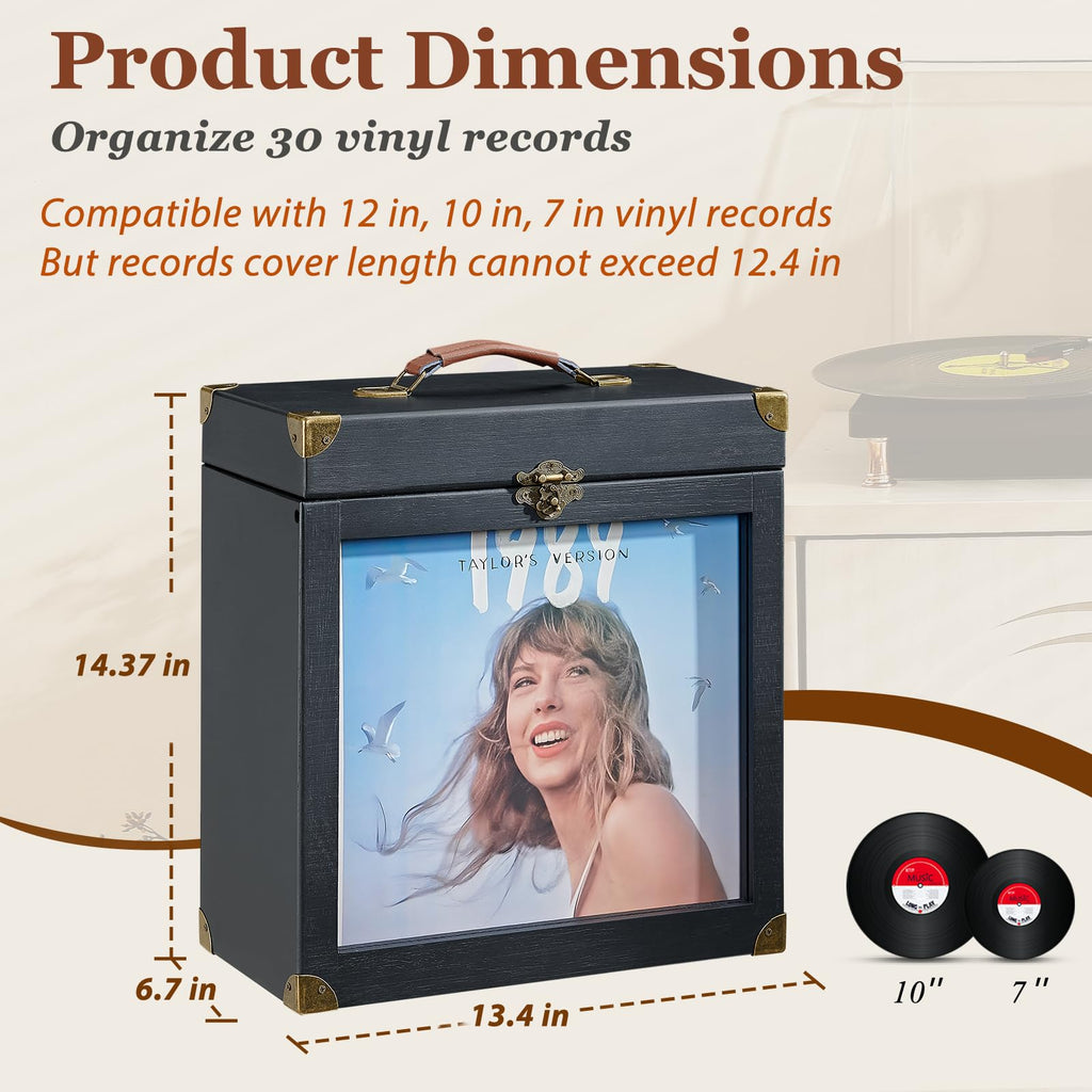 Vinyl Record Storage, Solid Wood Vinyl Record Box with Display Window Fits Standard Records- 7/10 Inch, (Upgrade