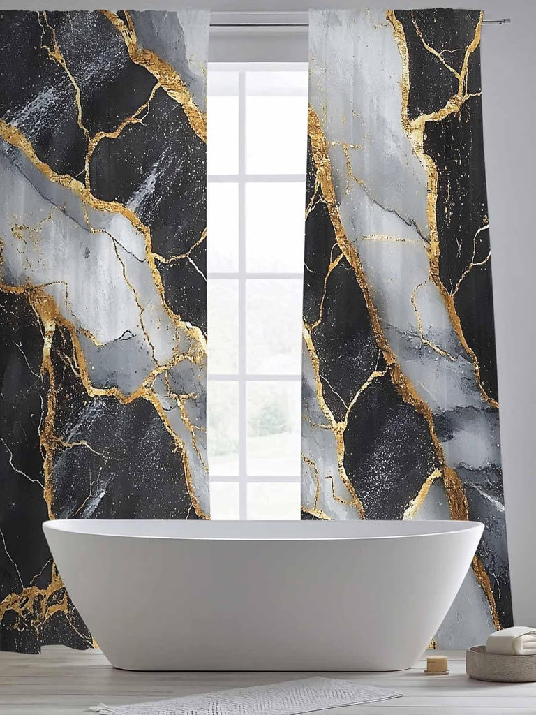 Sheer Curtains 2 Panels Set, Marble Black Semi Sheer Curtains for Windows, Grey Granite Surface Luxury