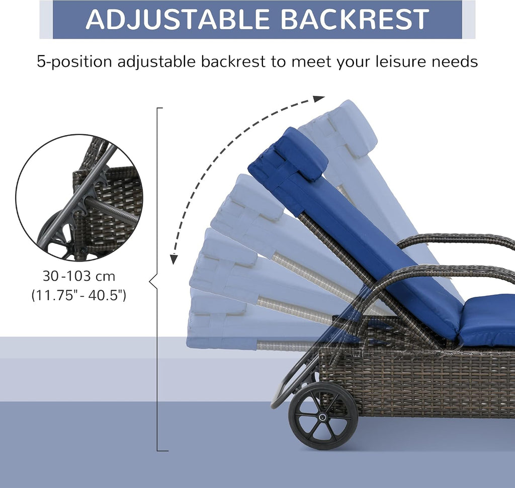 Wicker Outdoor Chaise Lounge Set of 2 Brown & Dark Blue | 5-Level Adjustable Backrest, PE Rattan, Pool Lounge Chair