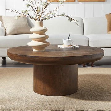 Round Wood Coffee Table Modern Circle Coffee Table Pedestal Center Table, Easy Assembly Brown
