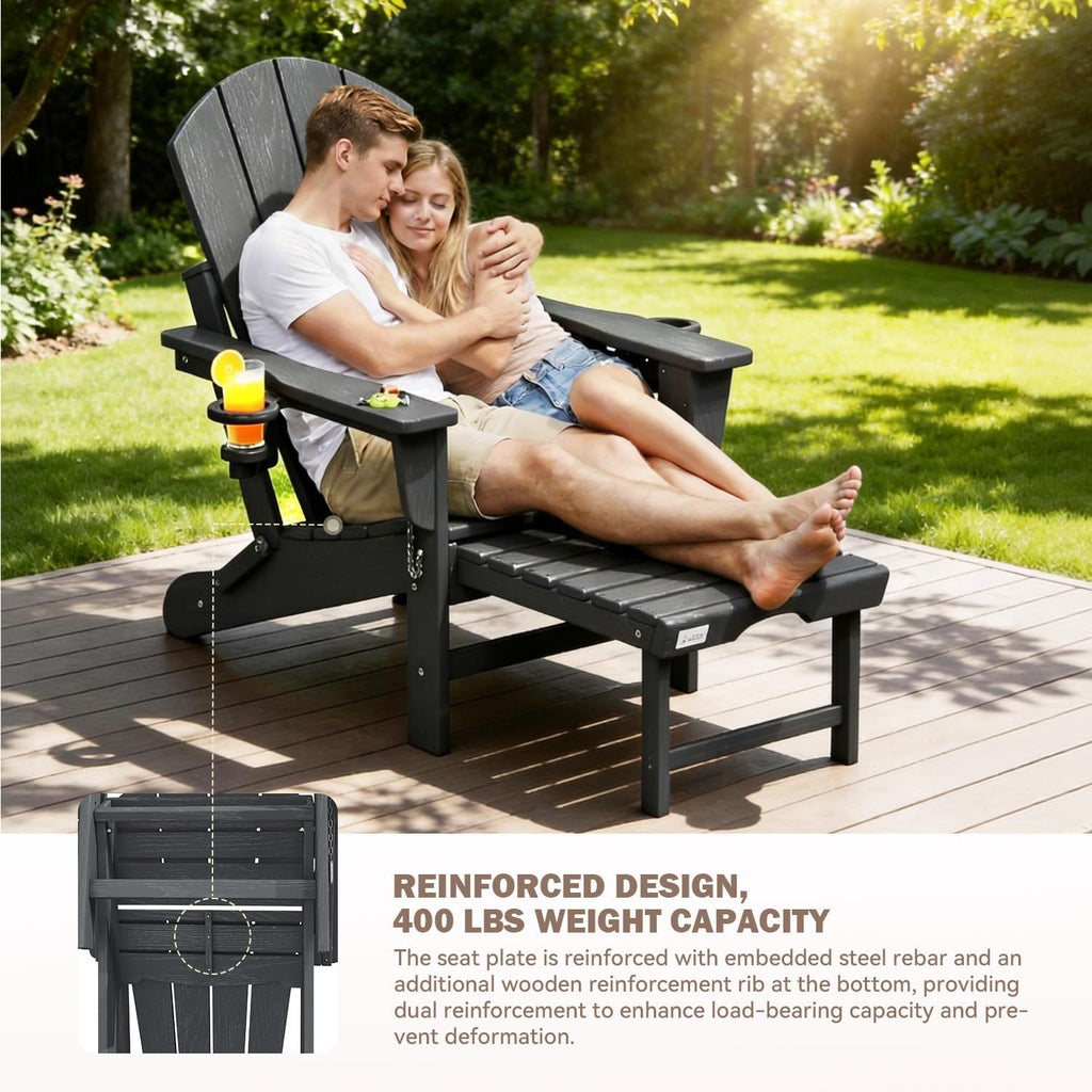 HDPE Folding Adirondack Chair, 20" W | 400 lbs | 2 Cup Holders, Grey | Weather Resistant, Retractable Ottoman, Wooden