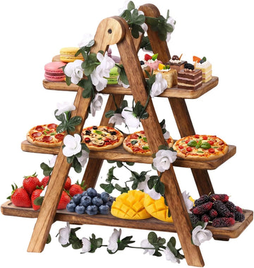 Brown Wood 3 Tier Foldable Serving Tray for Cupcake Dessert Stand,Rectangular Farmhouse Stand Charcuterie Board