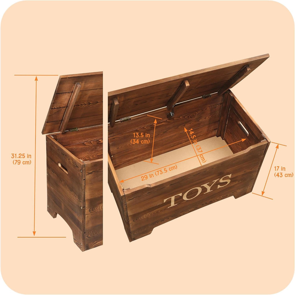 Basket Farmhouse Wooden Toy Box - Rustic Storage Chest for Kids with Reversible Toys Panel, Safety Hinge Lid, Front
