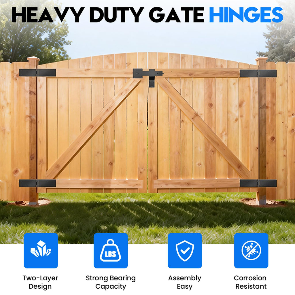 Fence Gate Hinge and Latch Set 2Pack Heavy Duty Gate Hardware Kit, 270 Degree Strap Gate Hinge & Adjustable
