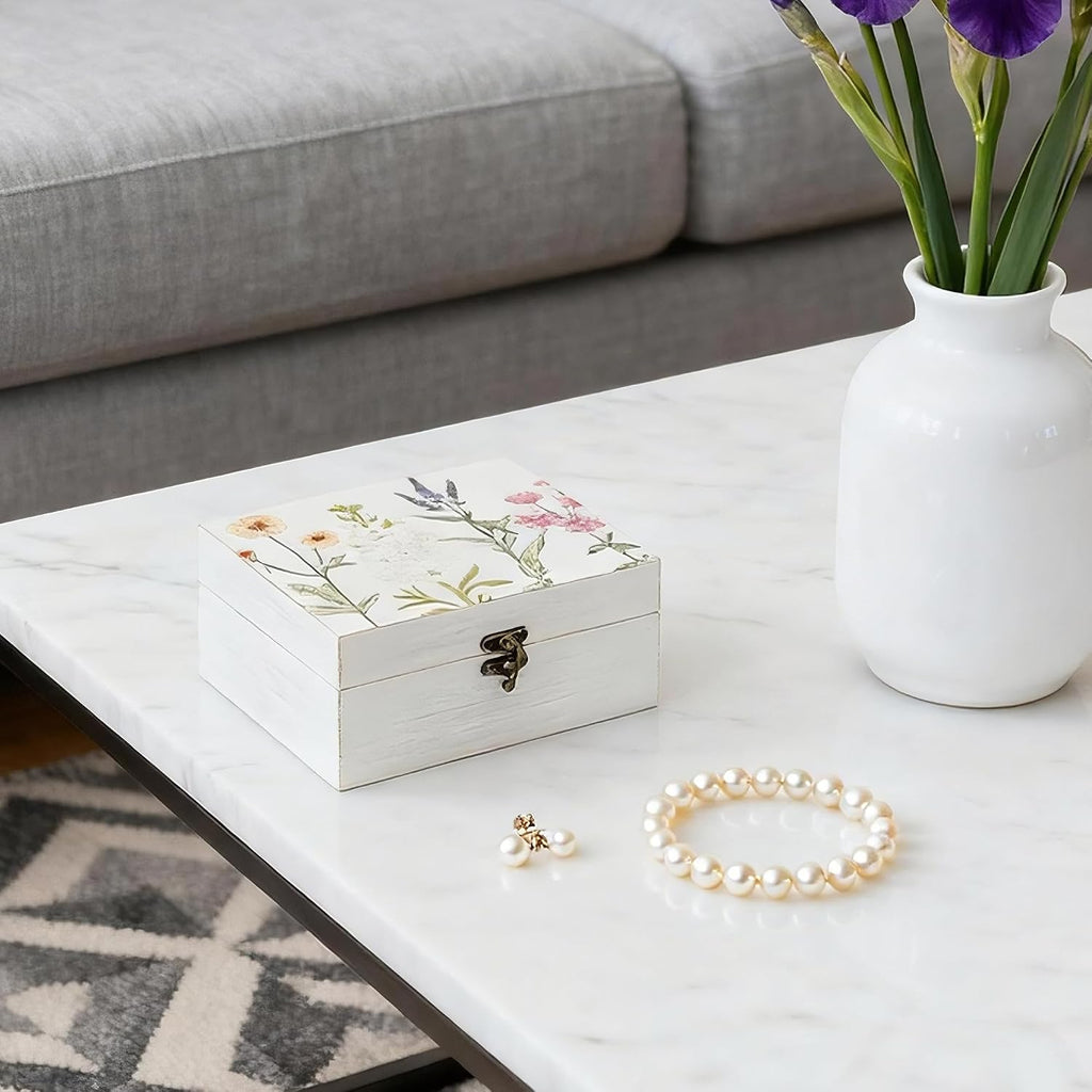 Small Decorative Box with Hinged Lid Wooden Handmade Keepsake Storage Box Floral Printed Jewelry Box Rustic Trinket