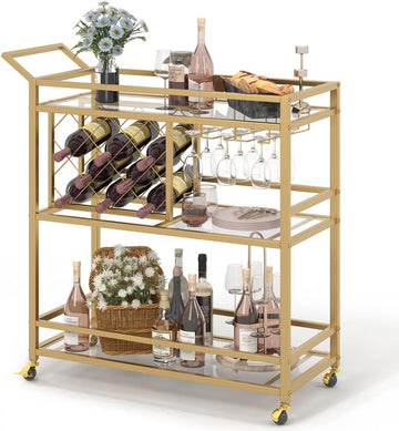 Bar Cart Gold, Home Bar Serving Cart with Wine Rack and Glasses Holder, Wine Carts on Wheels with 3 Tier Mirrored