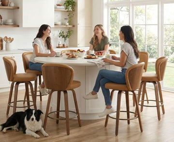 Swivel Counter Height Bar Stools Set of 6, 26 Inch Barstools with Wanlut Wooden Leg and Back, Faux Leather