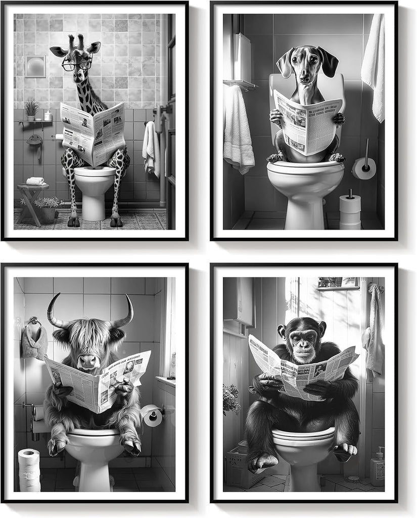 Framed Black and White Bathroom Wall Art Decor, 4 Piece Modern Animal Canvas Prints Painting Artwork, Dog Highland