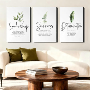 Set of 3 Framed Canvas Art - Motivational Office Wall Decor, Leadership/Success Quotes with Leaves, Inspirational