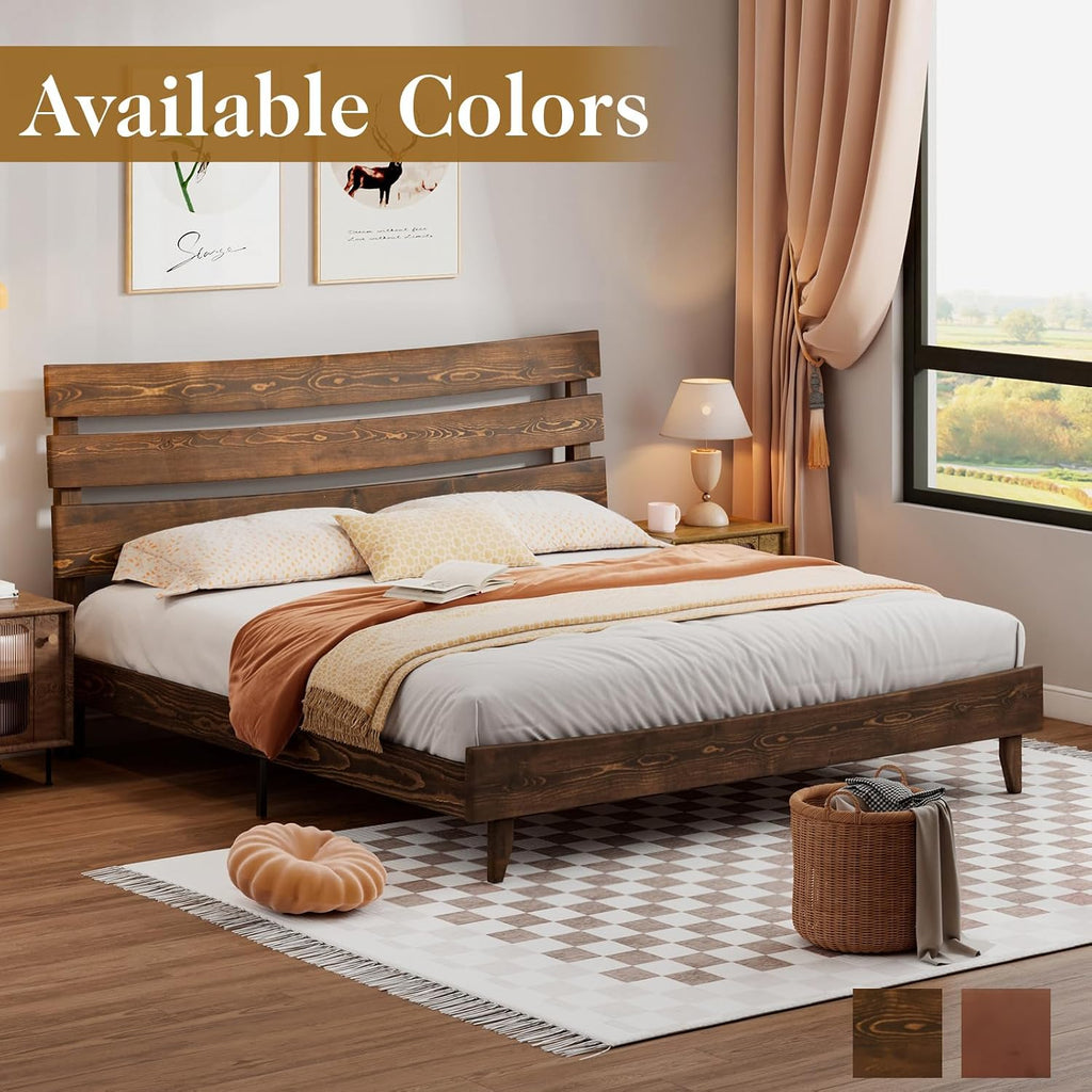 14" Queen Size Bed Frame with Headboard, Japanese Style, Chocolate