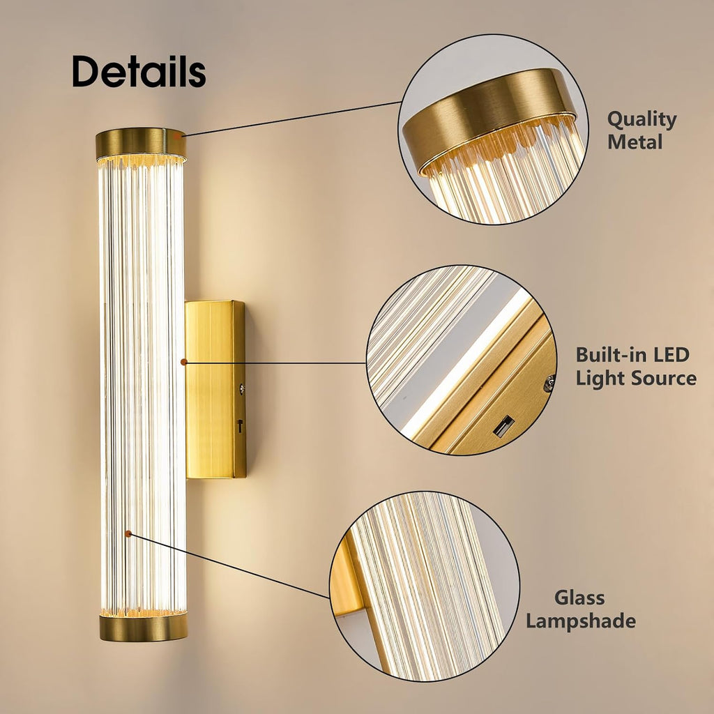 Gold Modern LED Wall Sconce, 3CCT Wall Sconces Dimmable Glass Sconce Wall Lighting Indoor Wall Mount Bathroom Vanity