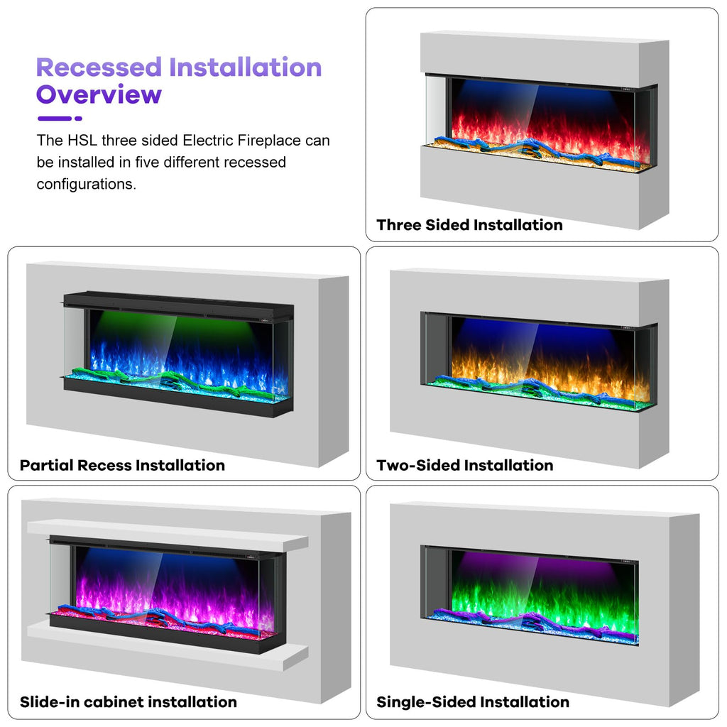 100" Linear 3 Sided Electric Fireplace Insert, Realistic Flame&Log Set, Modern Fireplace with Smart APP, 750W/1500W