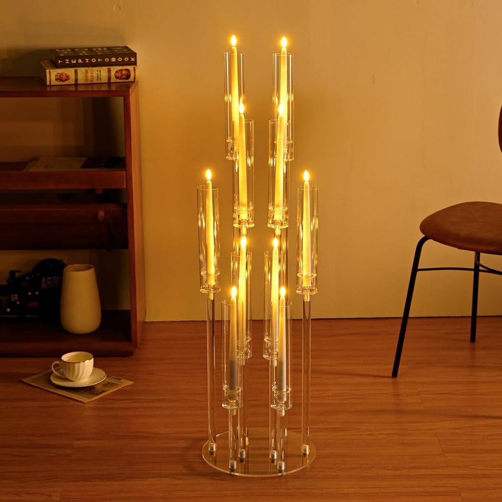 10 Arm Acrylic Candelabra Centerpieces, Floor Clear Tall Candlesticks Holder with Removable Lampshade, Fit 0.82" LED