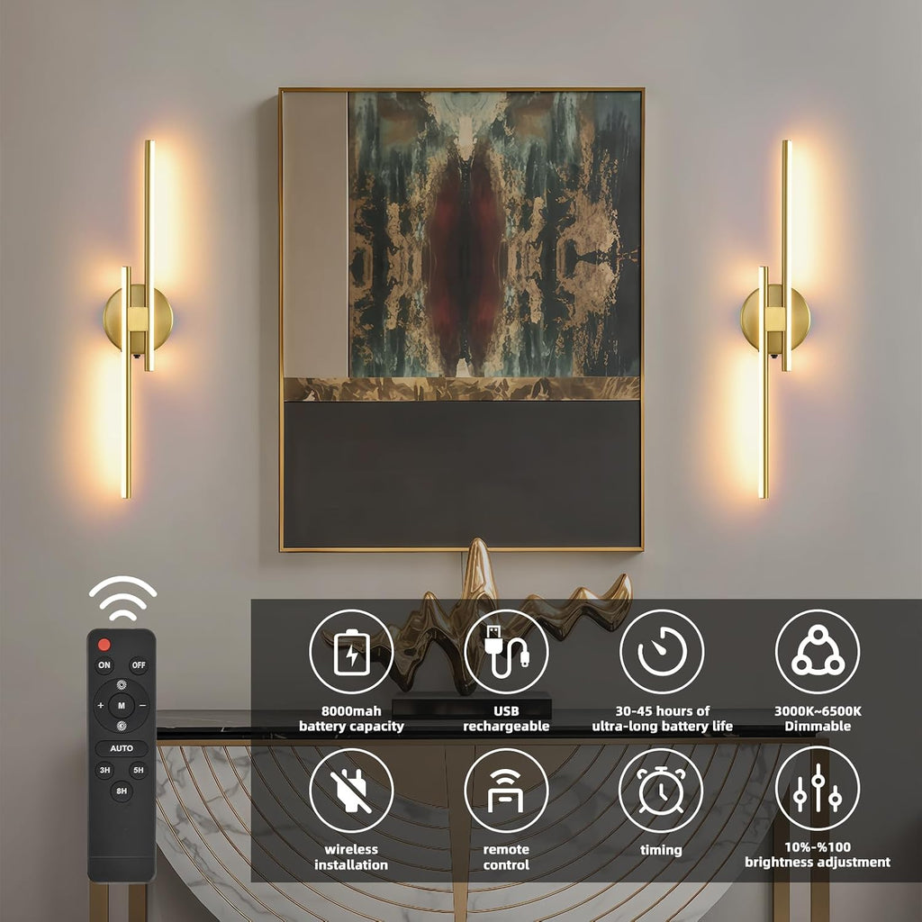 Battery Operated Wall Sconce Set of 2,Gold 23.6" 3000K-6500K LED Dimmable Wall Sconces with Remote Control,Wireless