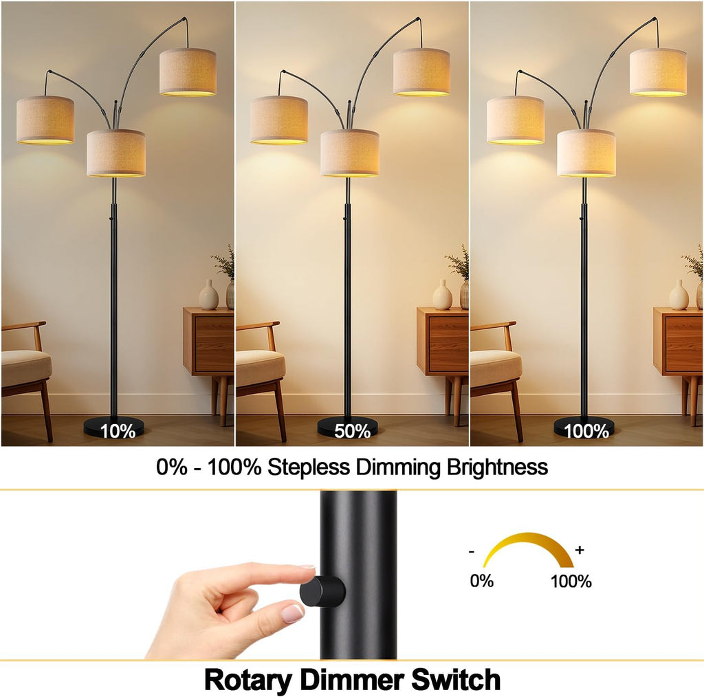 Dimmable 3 Lights Floor Lamp - 3000LM Super Bright Arc Floor Lamps, Modern Tall Standing Lamp With Beige Shades