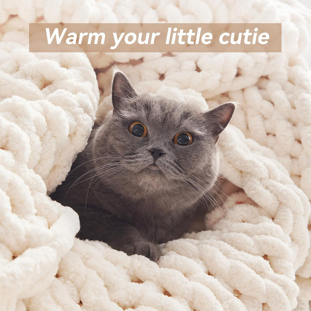 Chunky Knit Throw Blanket, 50''*60'' Knitted Throw Chenille Yarn, Handmade Cream Crochet Big Thick Blanket, Machine