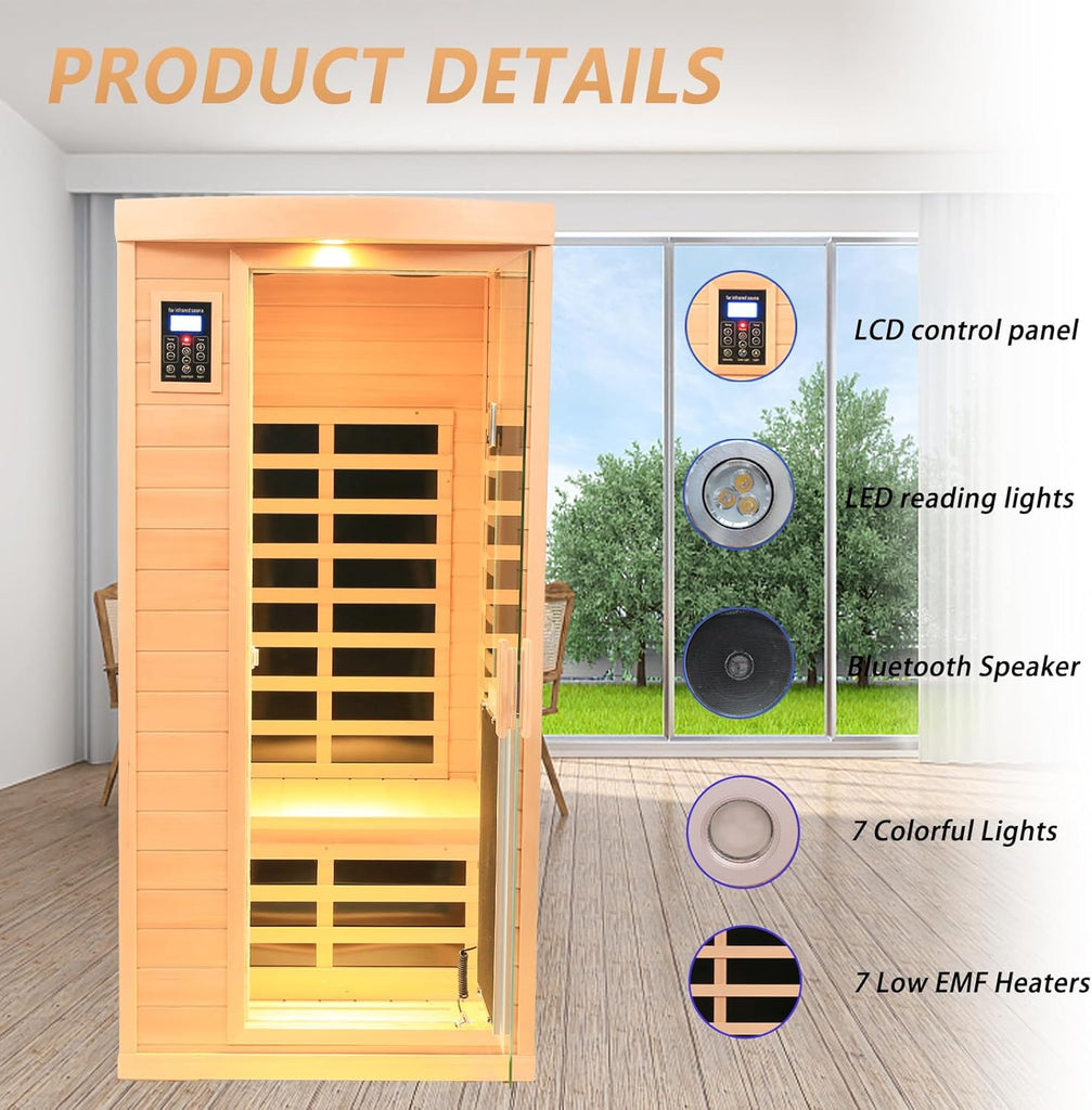 1 Person Low EMF FAR Infrared Sauna, Canadian Hemlock Home Saunas, 6 Heating Panels Personal Sauna Room,1460watt Indoor Saunas with LED Reading Lamp, LCD Display-Control, Bluetooth Speakers