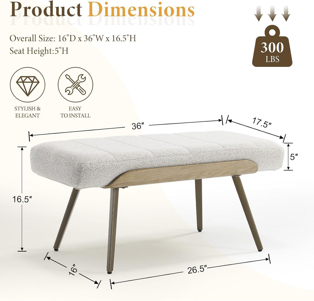 Modern Ottoman Bench, Upholstered Boucle Fabric Entryway Bench with Metal Legs, 35.5" Padded Bench Living Room, Beige