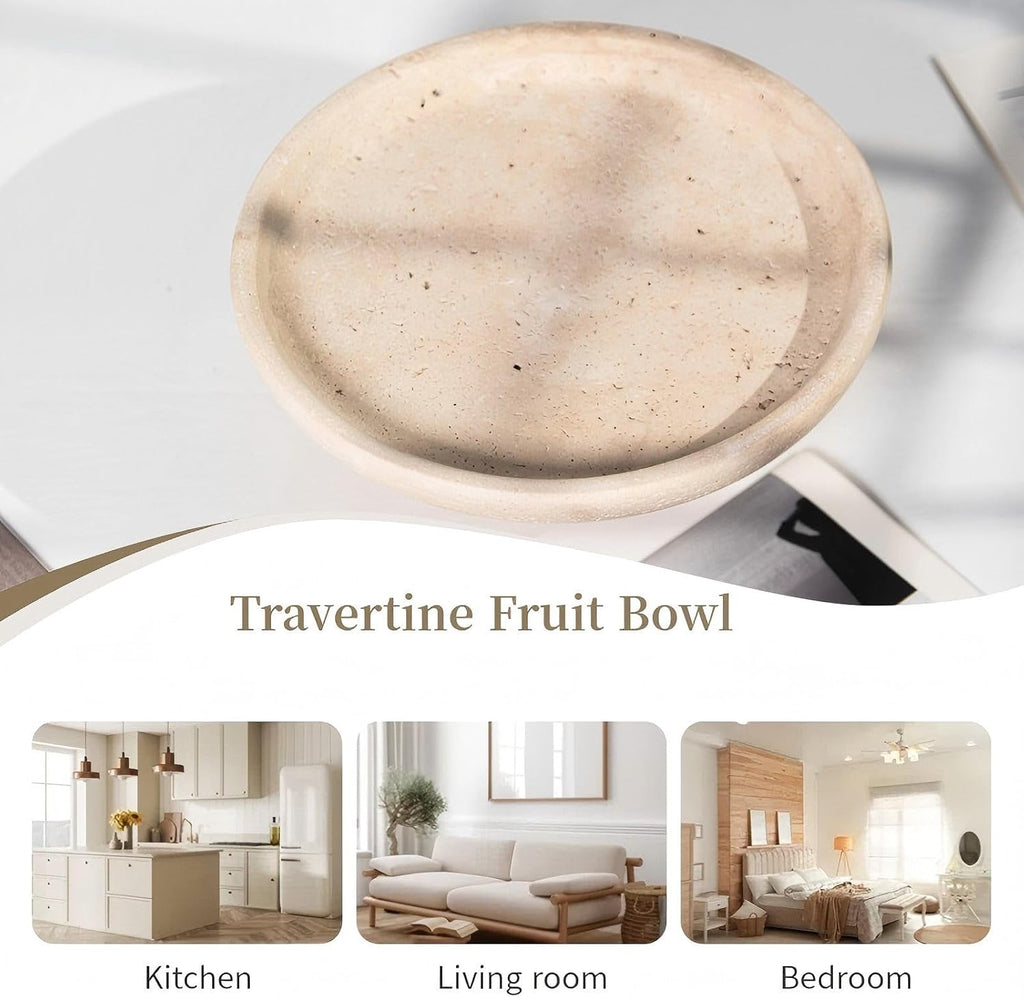 Natural Travertine Fruit Bowl Counter 10.2",Large Decorative Bowl & Travertine Bowl Pedestal Counter & Dining Table