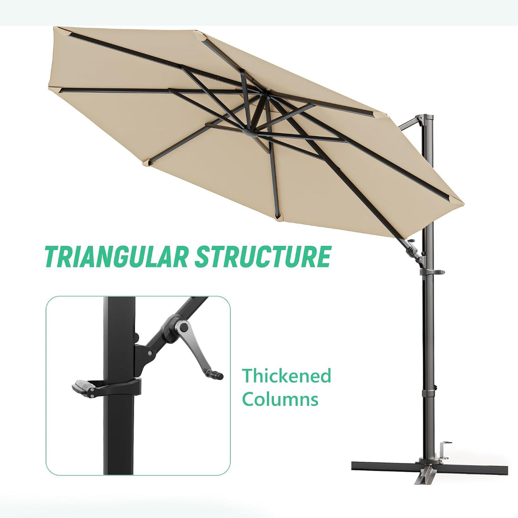 10FT Outdoor Patio Umbrella with High Pedel and 4 Gear Heights, Large Offset Market Umbrella with 360-degree Rotation