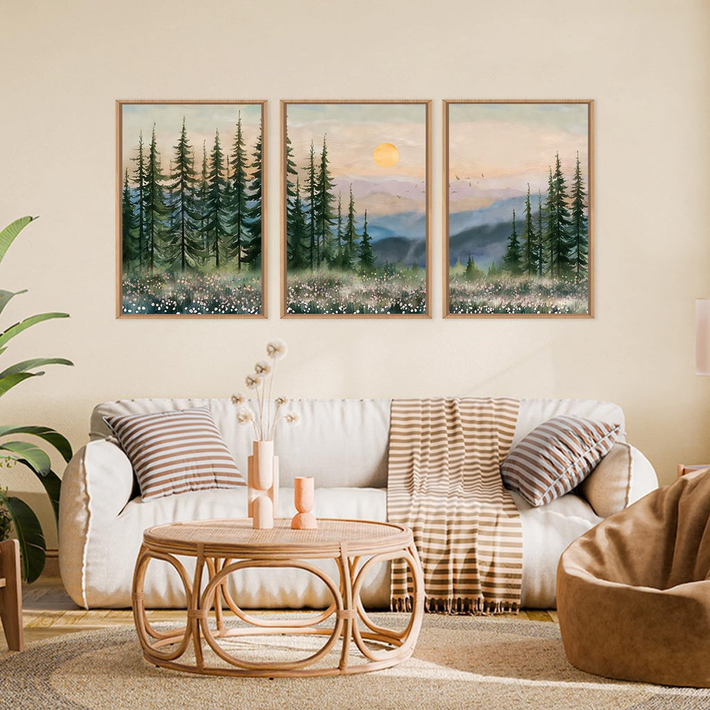 Boho Sunset Forest Framed Canvas Wall Art Set,Natural Green Pine Tree Wall Decor,Modern Watercolor Mountain Landscape