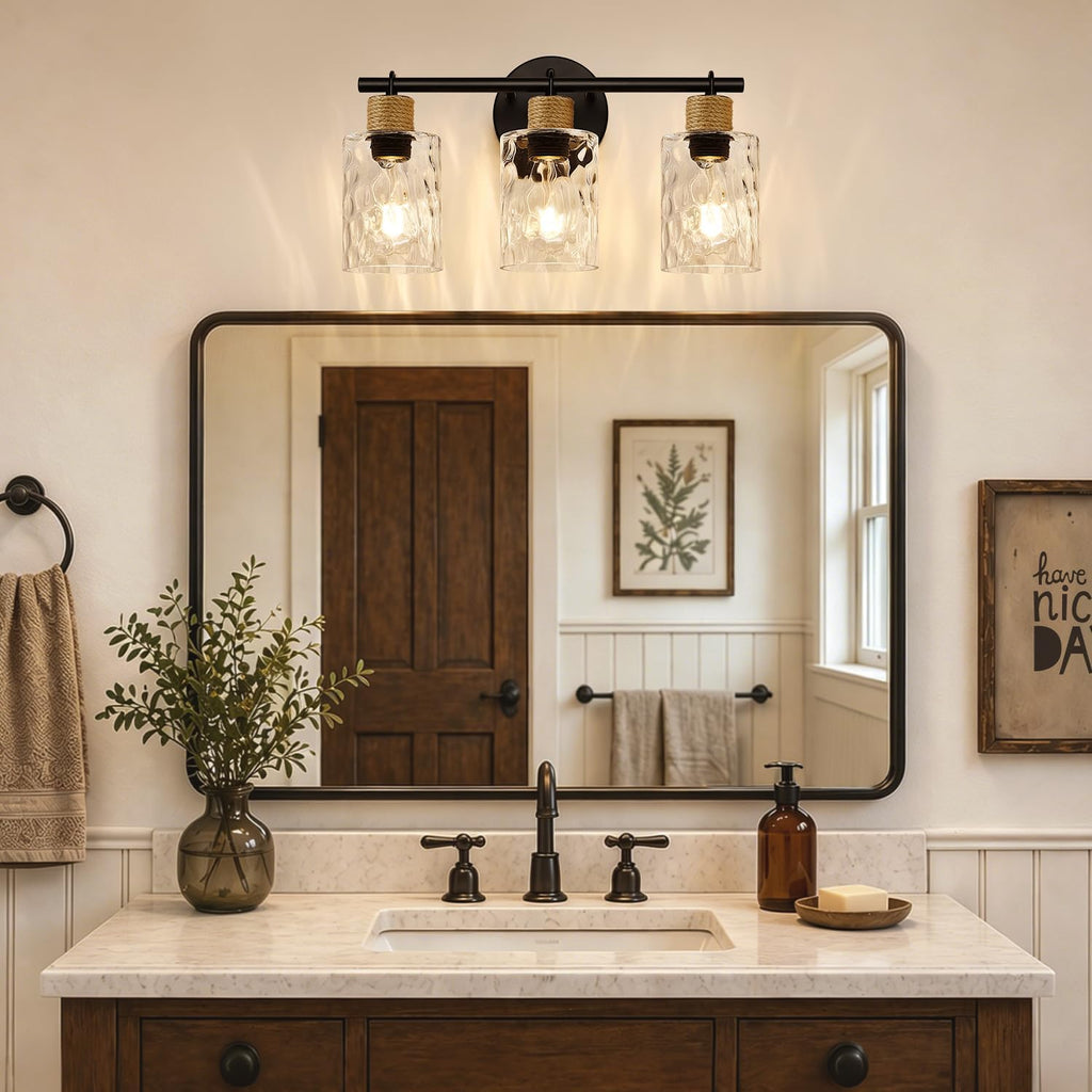 Bathroom Light Fixtures, 3-Light Coastal Vanity Lights with Crystal Glass Shade, Black Bathroom Wall Lamp for Mirror