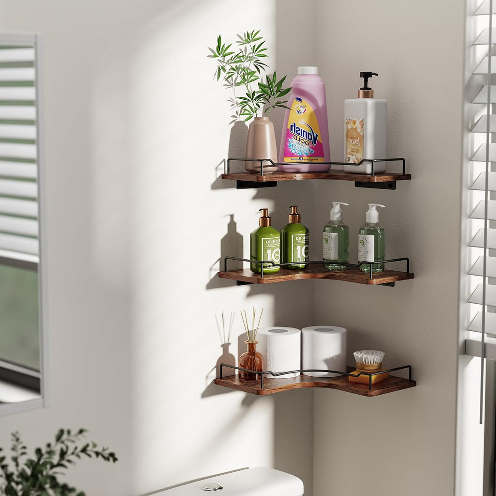 L-Shaped Corner Floating Shelves Set of 3,Rustic Wood Wall Mounted Storage Shelves,Display Shelf (Brown)