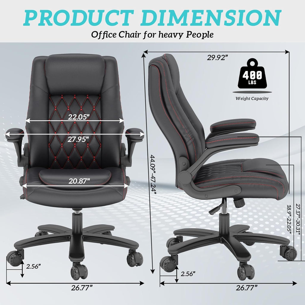 High Back Executive Office Desk Chair, Leather Computer Chair, Black | 2.6"Rubber Wheels, Flip-up Arms, Heavy Duty
