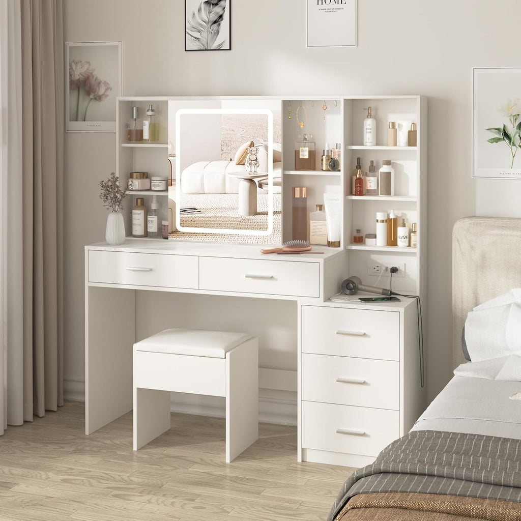 Vanity Desk with Mirror and Lights, Makeup Vanity with 5 Drawers, Makeup Desk with Charging Station and Ample