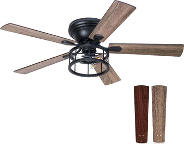 52 Inch Flush Mount Farmhouse Rustic Ceiling Fan with Light and Remote, Reversible AC Motor, 5 Dual Finish Blades
