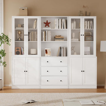 71" H Bookshelf with Storage, 6-Tier Modern Bookshelves with 3 Large Drawer, Display Bookcase with Glass Doors