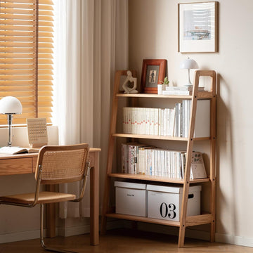 100% Solid Oak 4 Tier Ladder Shelf, Small Bookshelf, Ladder Bookshelf, Bookcase with Stable Frame, Small Table