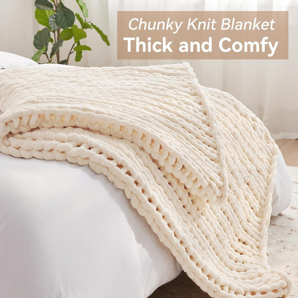 Chunky Knit Throw Blanket, 50''*60'' Knitted Throw Chenille Yarn, Handmade Cream Crochet Big Thick Blanket, Machine