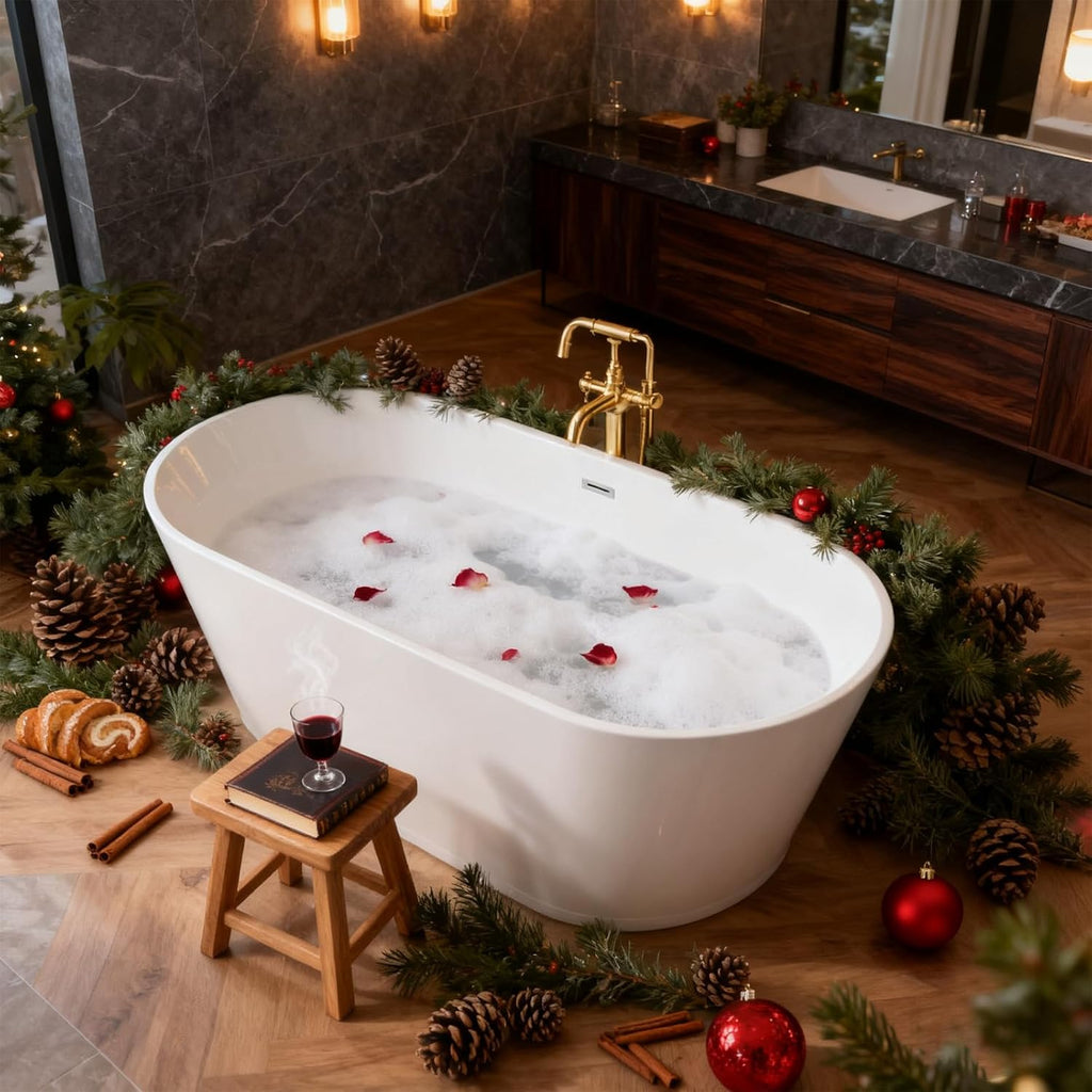 55" Oval Freestanding Soaking Bathtub with Toe-Tap Chrome Drain, Stand Alone Tub, Acrylic Soaking Tub, Ergonomic