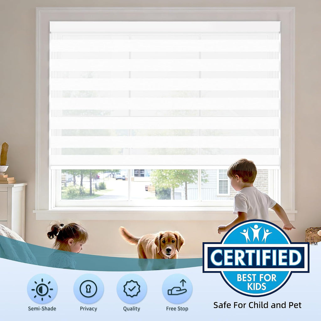 Cordless Zebra Blinds for Windows (22" W X 72" H, White) Free-Stop Zebra Roller Shades Dual Layer Light Filtering