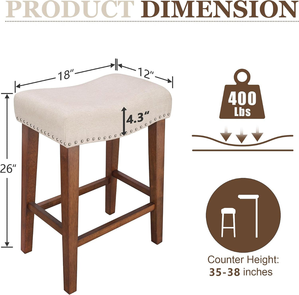 Counter Height Bar Stools Set of 3-26 Inch Backless Saddle Barstools with 4.3" Thick Upholstered, Nailhead Trim Linen
