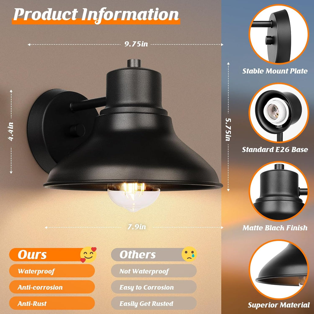 2-Pack Outdoor Light Fixtures Wall Mount, Matte Black Farmhouse Gooseneck Barn Light, Waterproof Exterior Wall Sconces