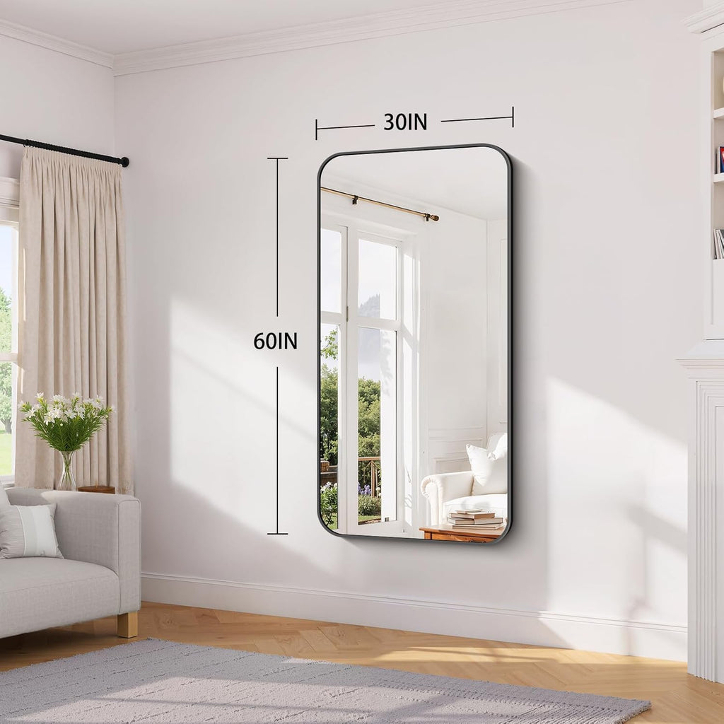 Black Framed Bathroom Mirror - 30x60 Inch Shatterproof Tempered Glass Vanity Mirror Sink, Wall Mounted with Matte