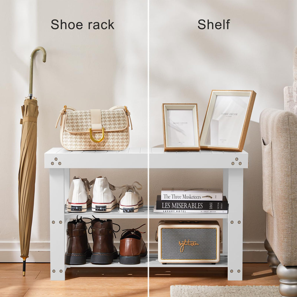 3 Tier Bamboo Shoe Rack Bench, White